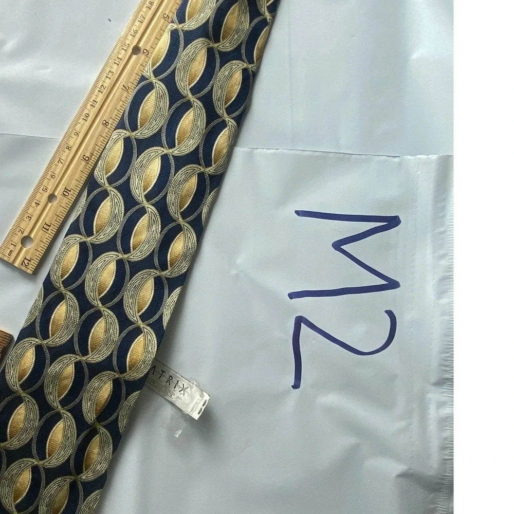 Matrix Mens Silk Tie Blue Gold Oval Pattern‎ Formal Business Necktie